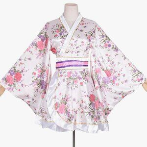 Japanese Geisha Kimono Costume – Floral Pattern Yukata Gown with Obi Belt